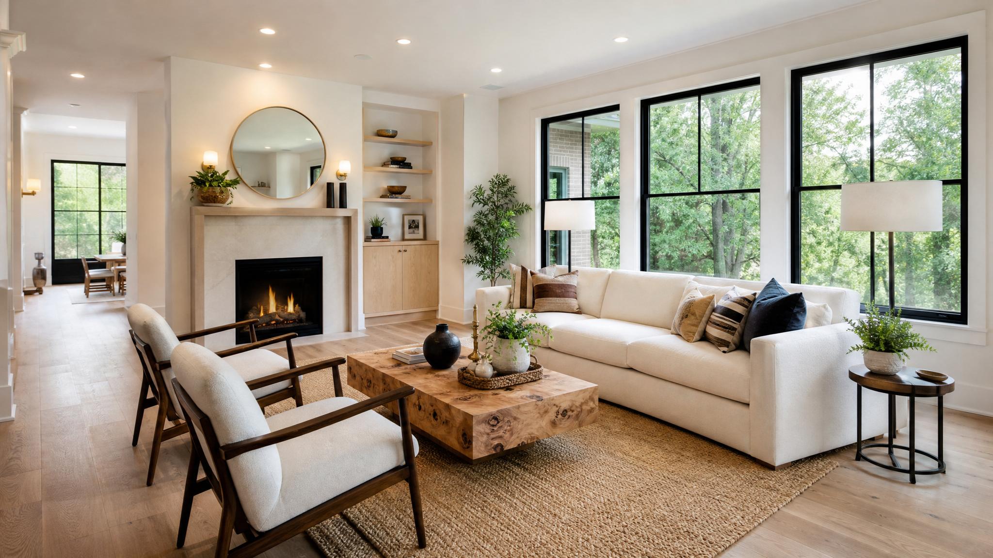 A well-framed shot of the living room taken from a corner angle.