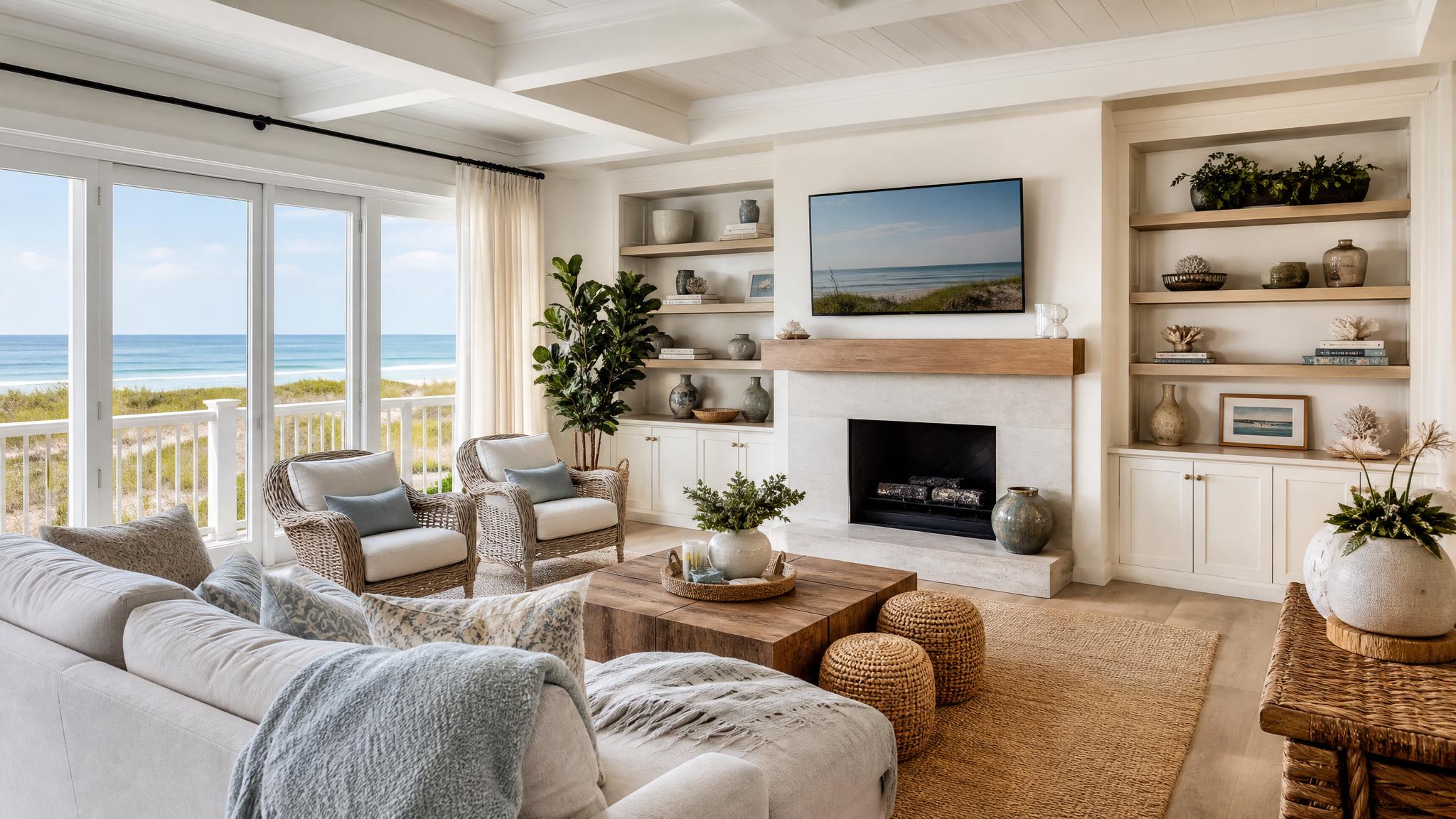 Beautiful coastal living room setup with light colors and natural elements.