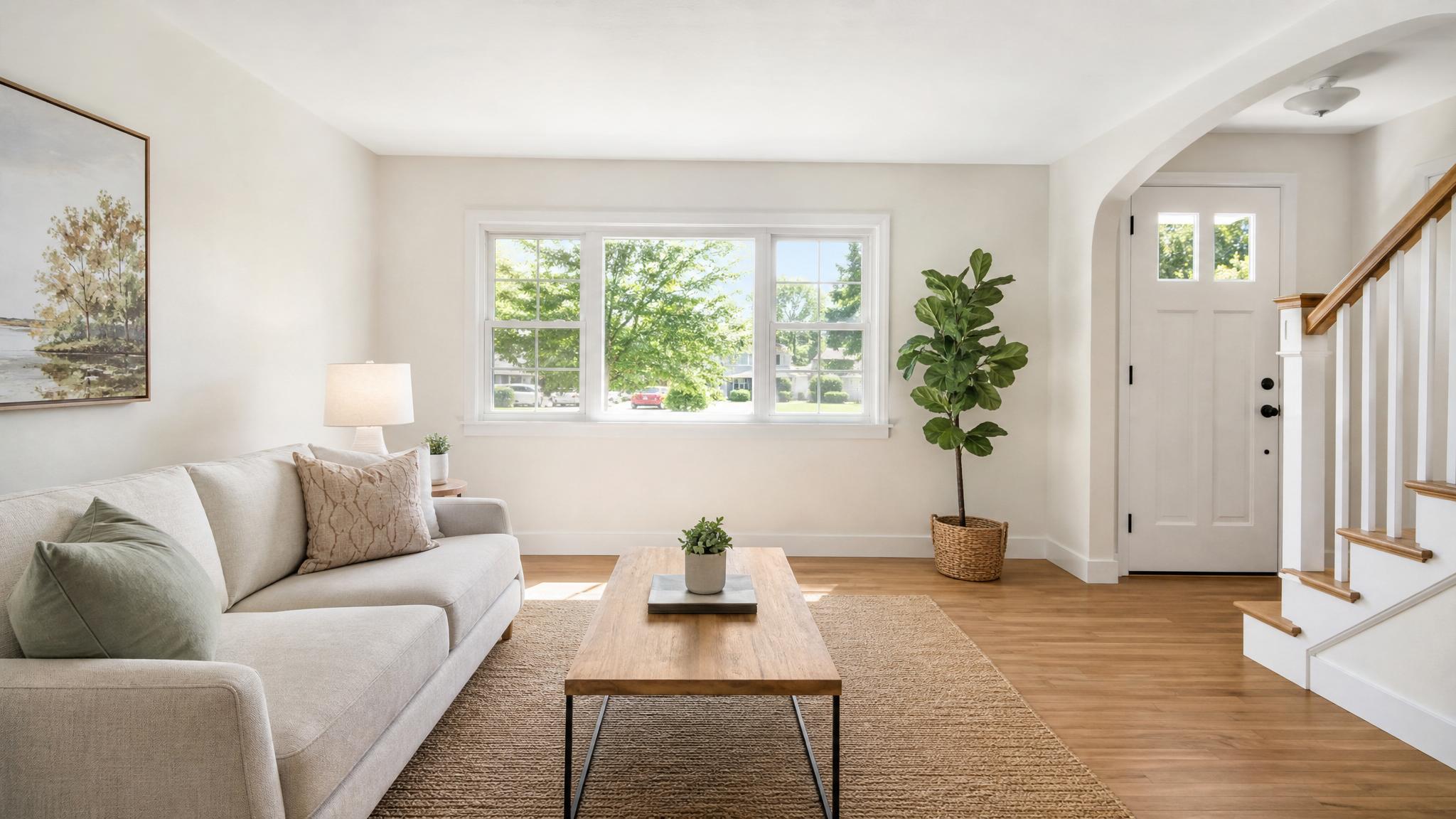 After decluttering, a bright and clean small living room ready for staging.