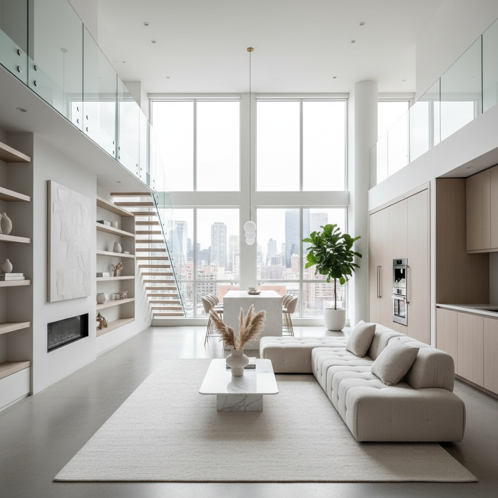 Modern minimalistic loft with light colors and clean lines.