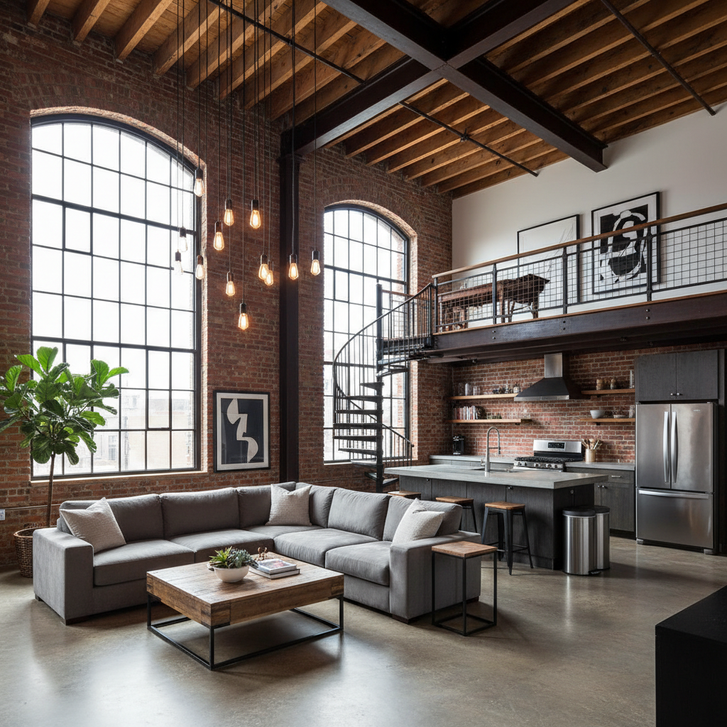 Loft showcasing industrial chic design with exposed brick and beams.