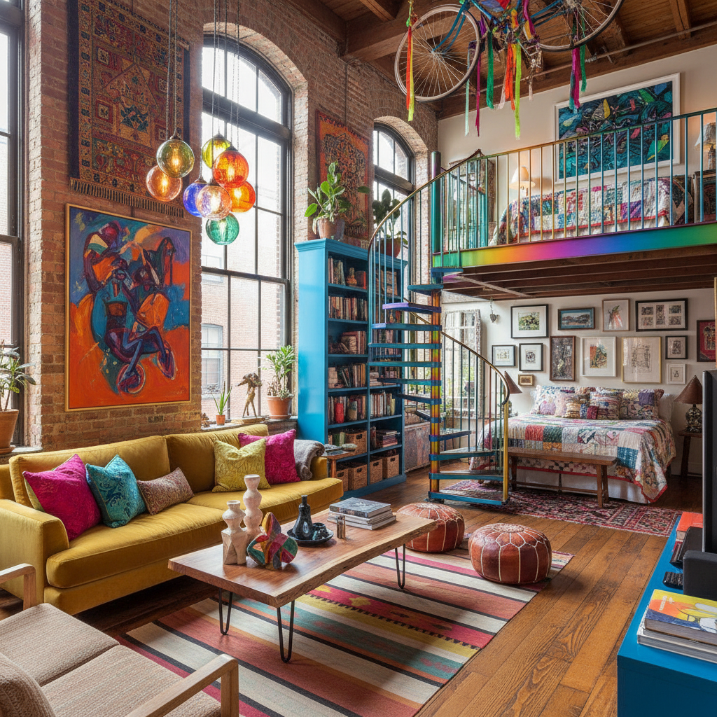 An artsy loft filled with vibrant colors and eclectic decor.