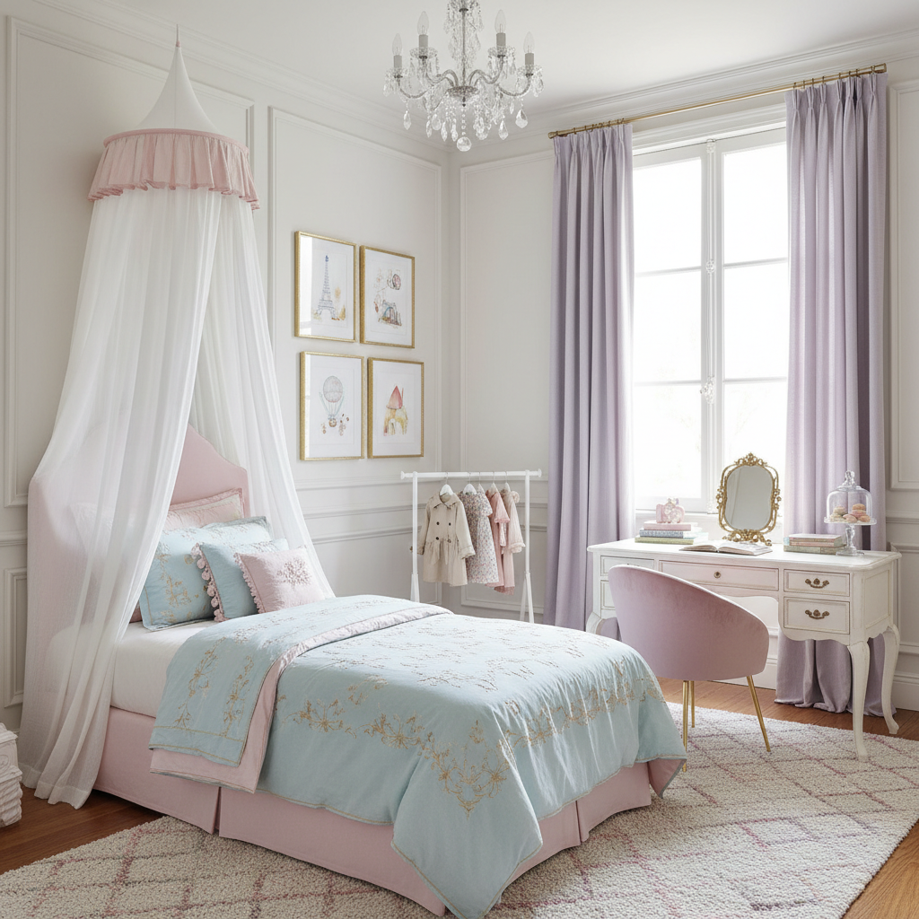 A beautifully decorated kids bedroom in Parisian style with soft pastels and chic furniture.