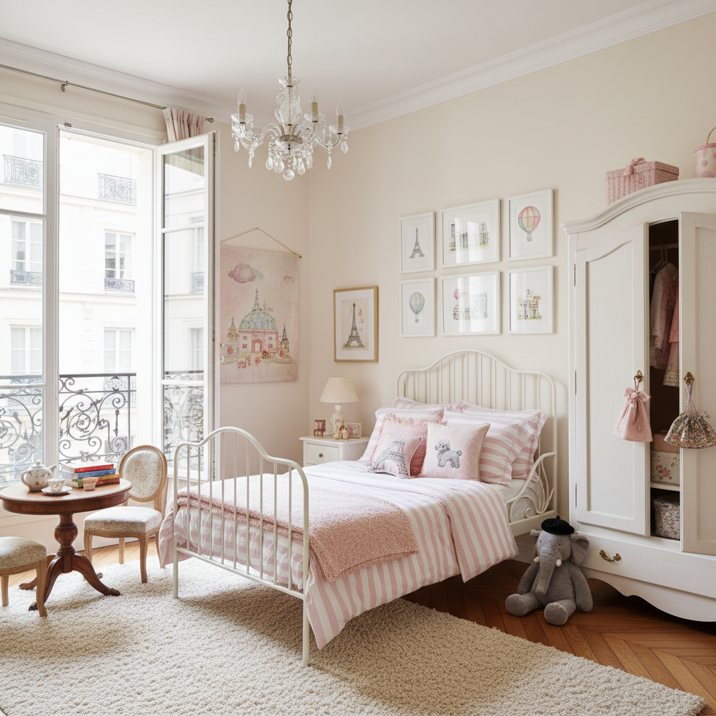 Decorative accessories and furniture for a kids bedroom staged in Parisian style.