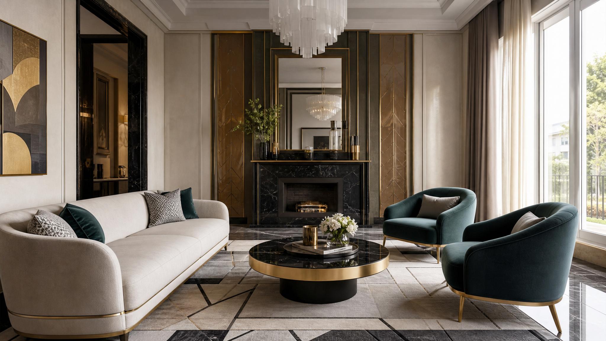 An elegant art deco living room showcasing geometric patterns, muted colors, and luxurious furniture.