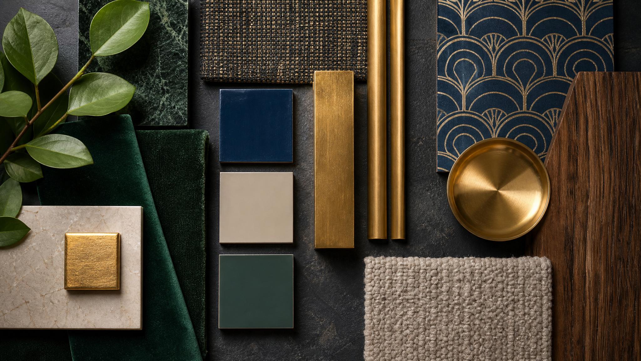 A color palette board featuring art deco colors—deep greens, blues, golds, and neutrals.