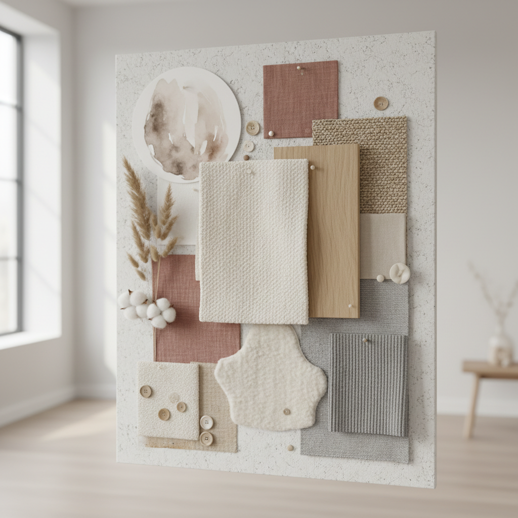 Image of mood board featuring soft neutrals and textures for a kids bedroom