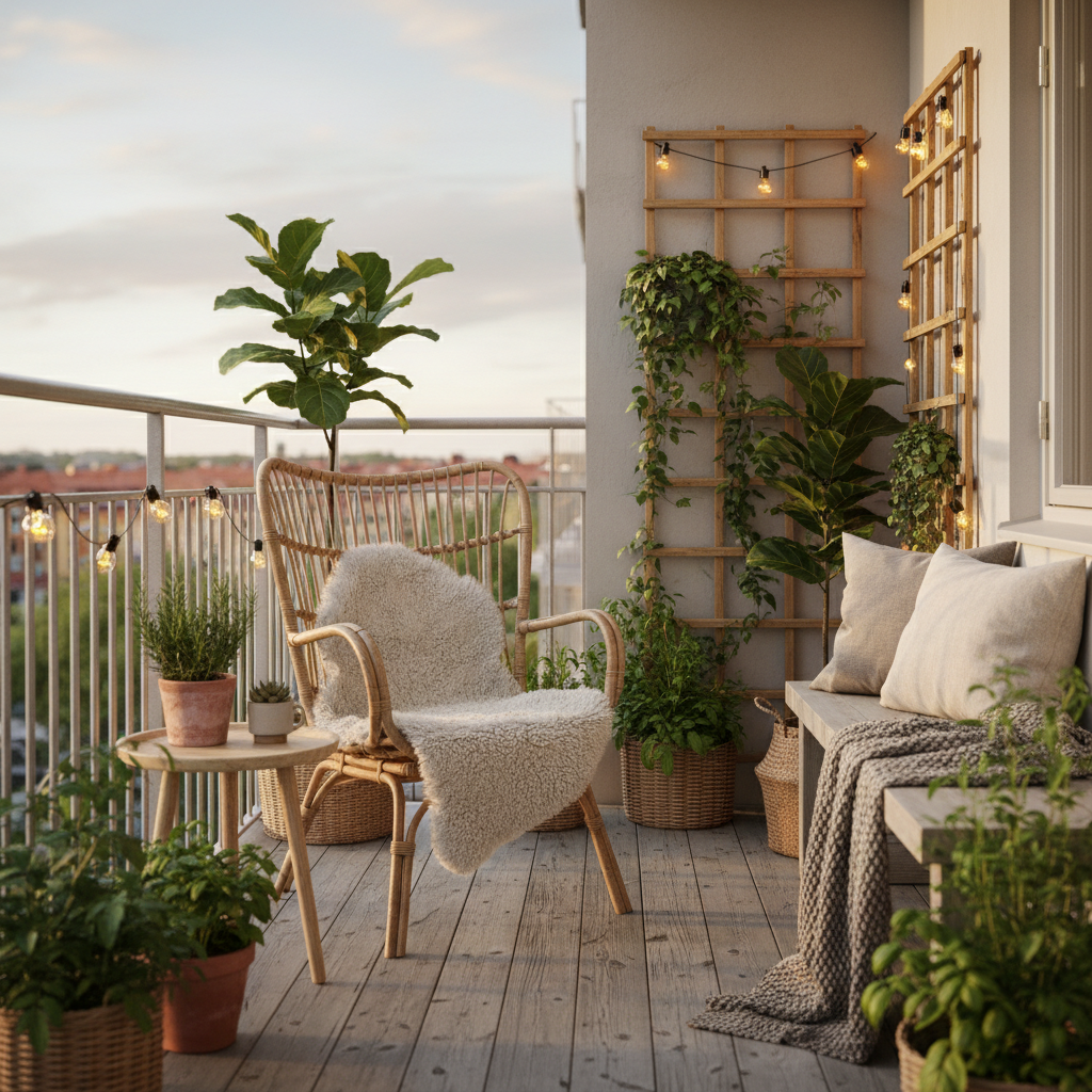 A cozy Scandinavian balcony with plants, a small table, and comfortable seating.