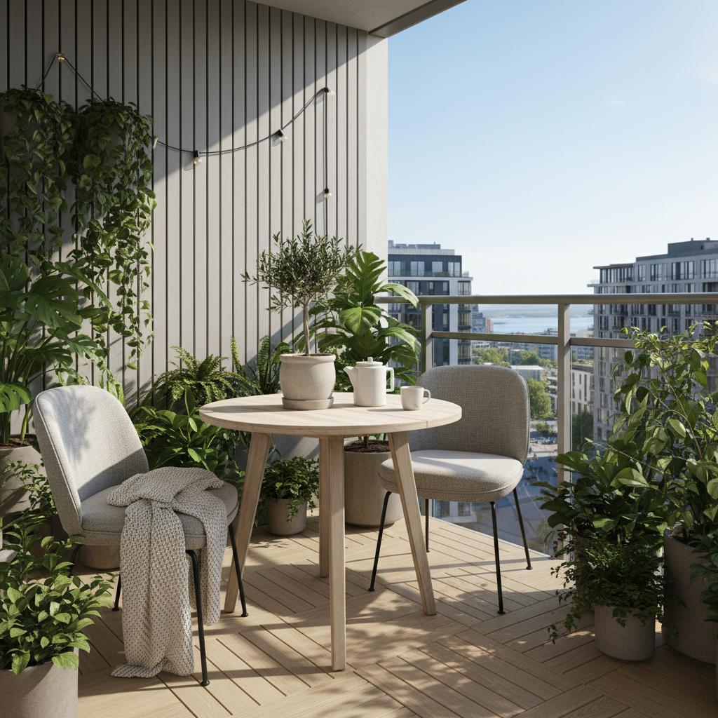 A beautifully arranged Scandinavian balcony featuring a table and greenery.