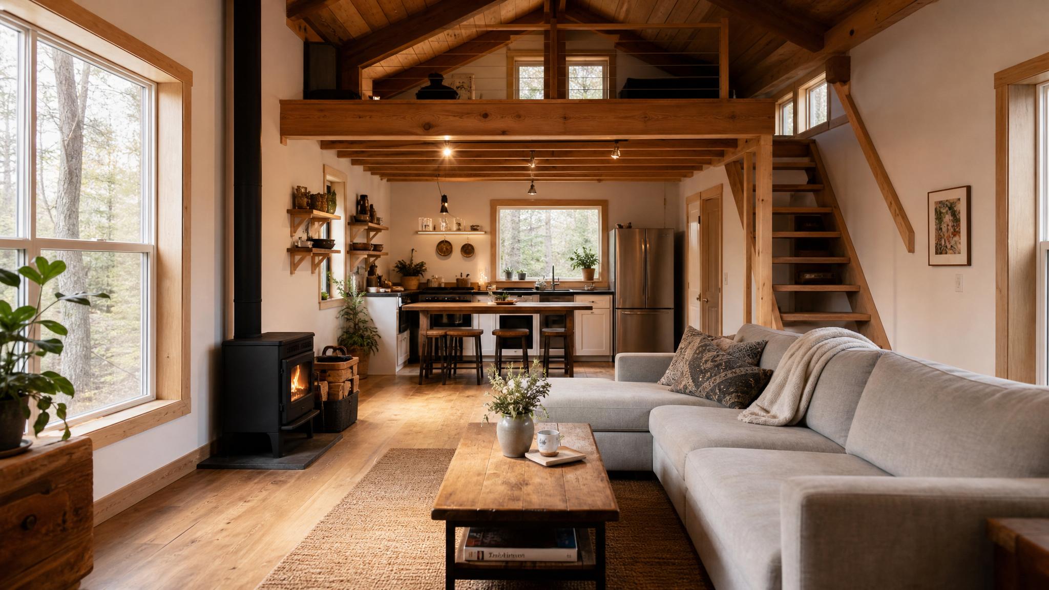 A cozy rustic open-plan living room in a tiny home with wooden beams and a minimalist layout.