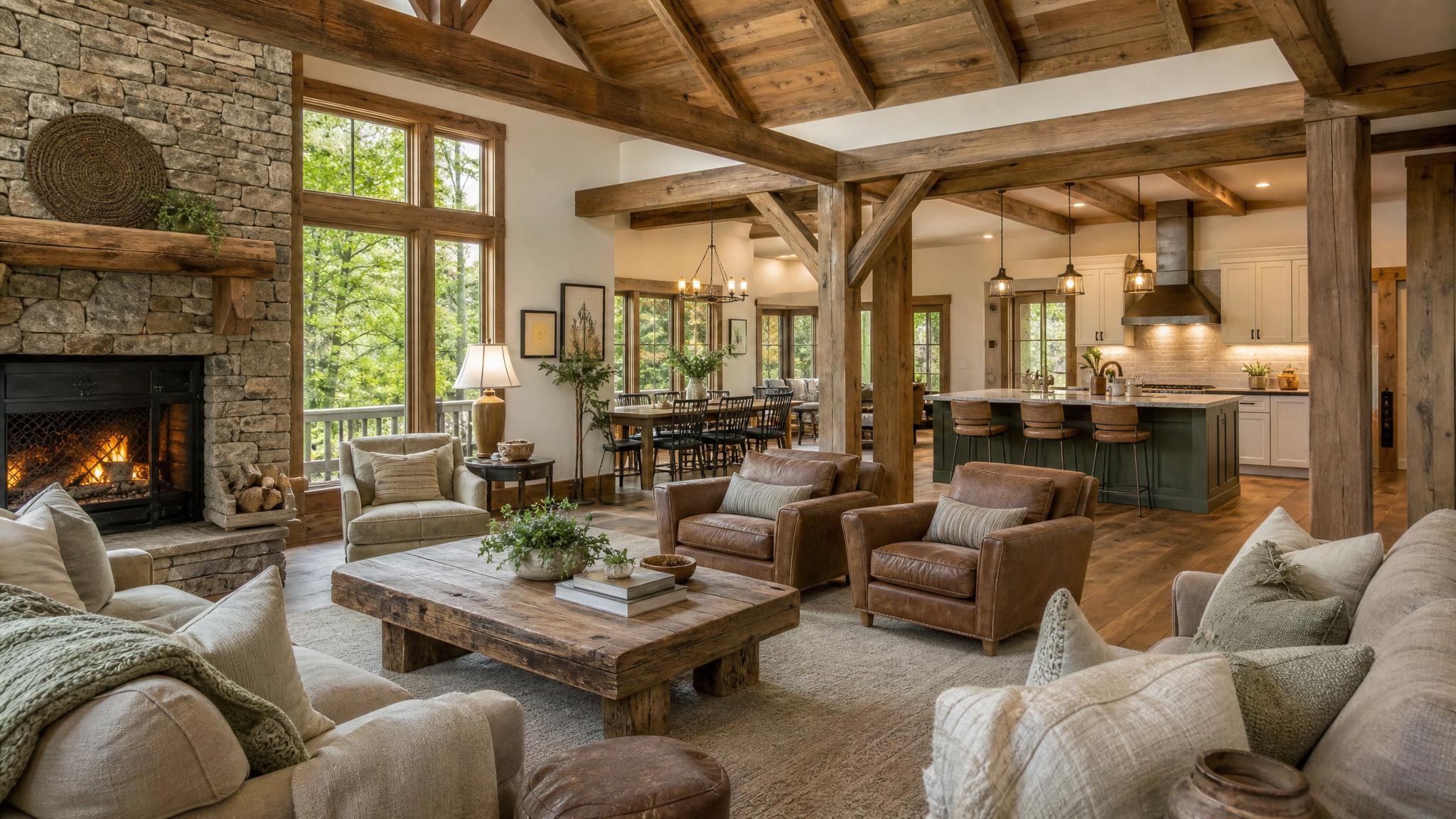 A layout of an open-plan rustic living room showing functional furniture and natural light.