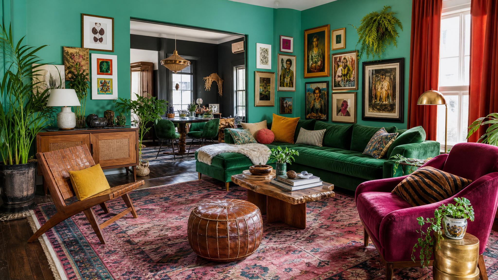 Vibrant maximalist living room with eclectic furniture and decor.