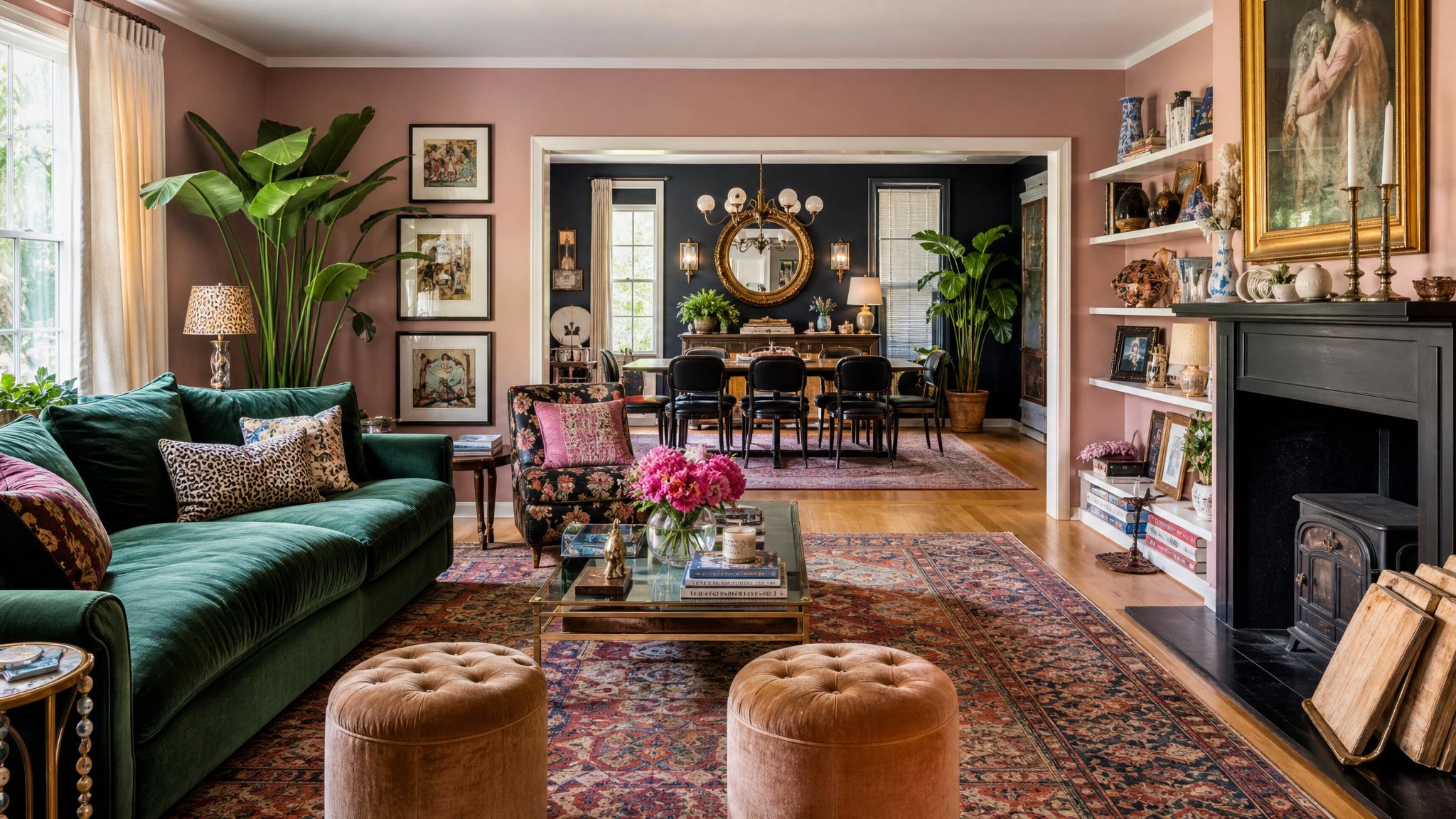 Example of a well-zoned maximalist living room with different areas defined.