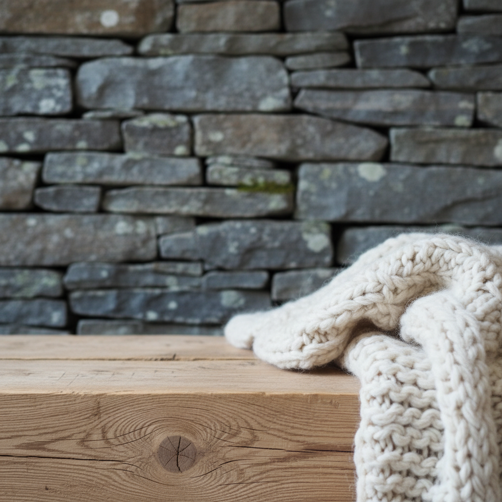 Close-up of Nordic textures: wood, wool, and stone.