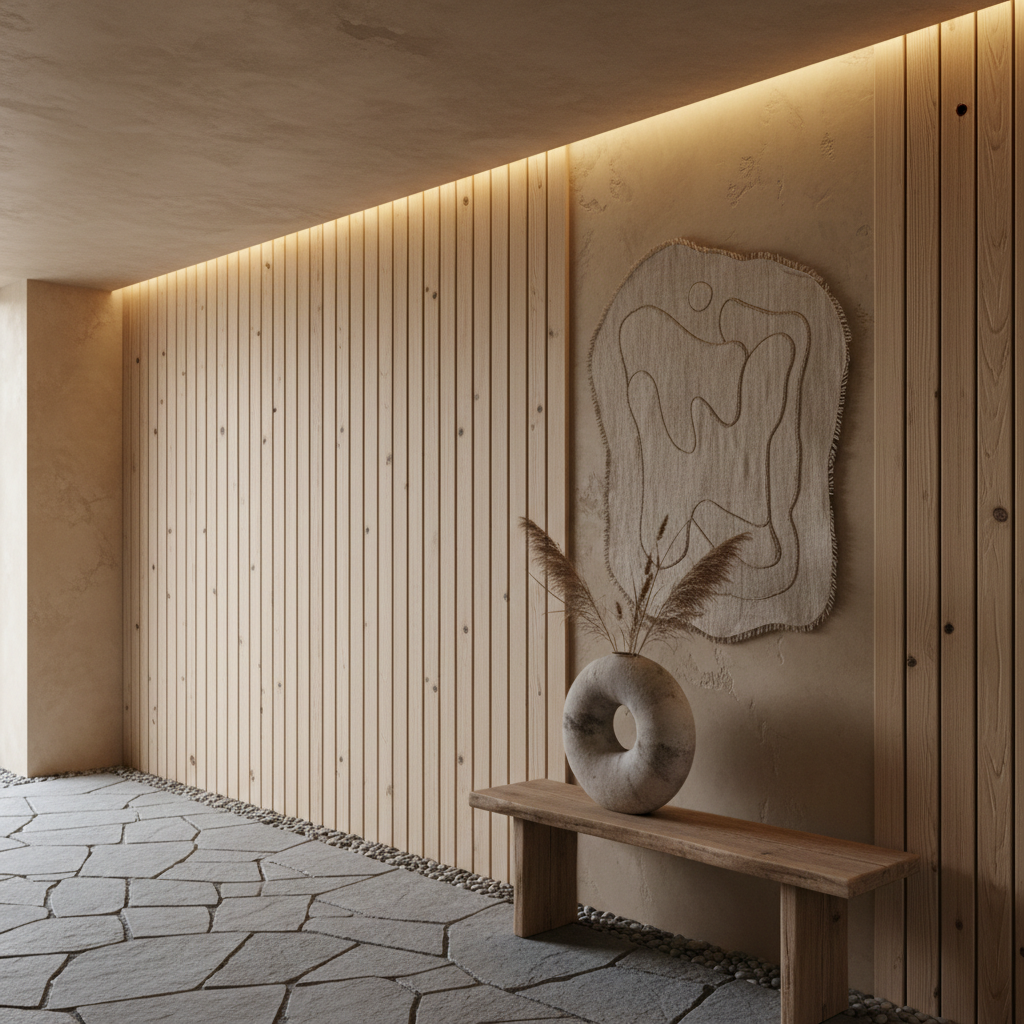A serene wabi-sabi hallway with natural wood tones, uneven textures, and subtle decor.