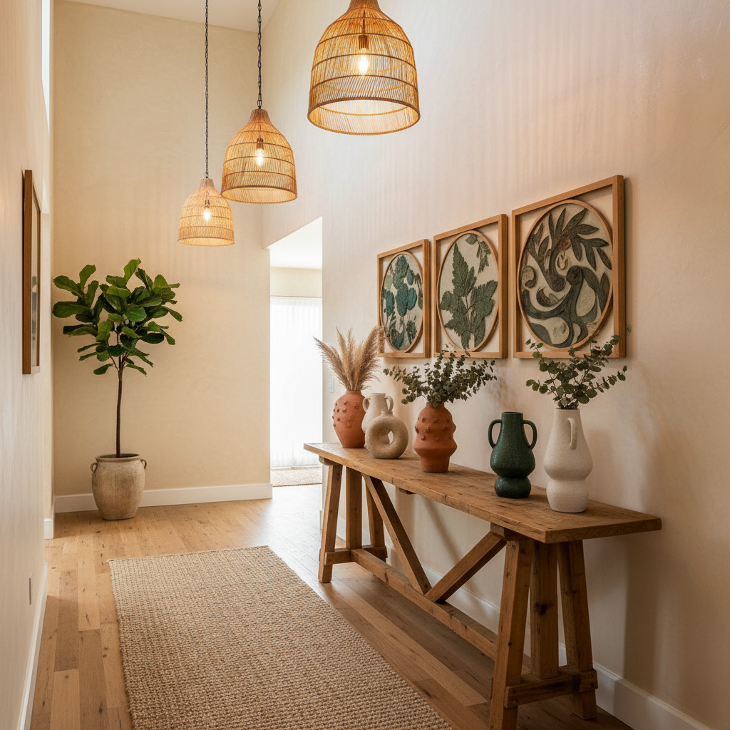 Decorative elements in a hallway featuring handmade vases, rustic lights, and nature-inspired artwork.