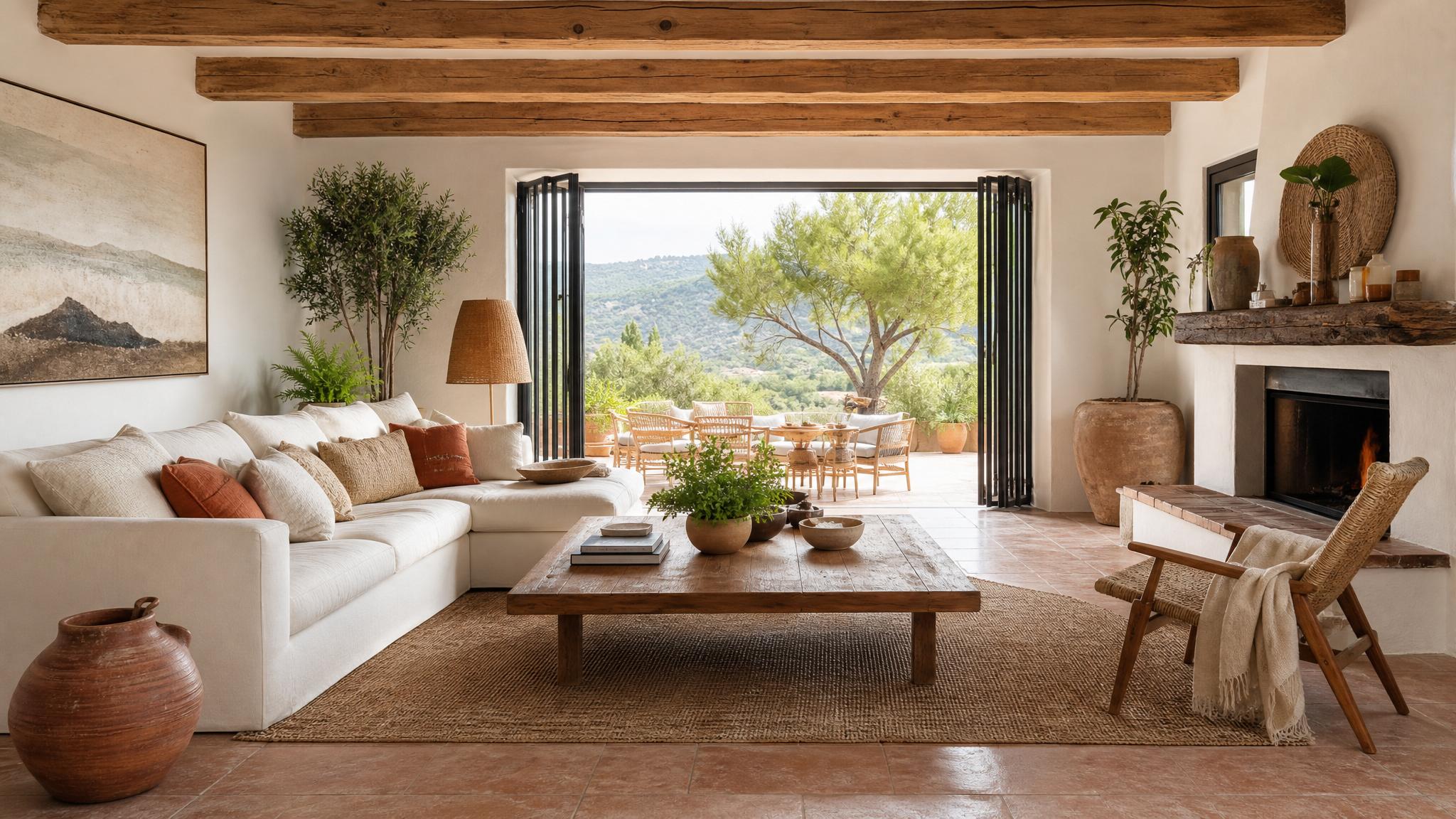 Vibrant Mediterranean living room with natural light and earthy colors.