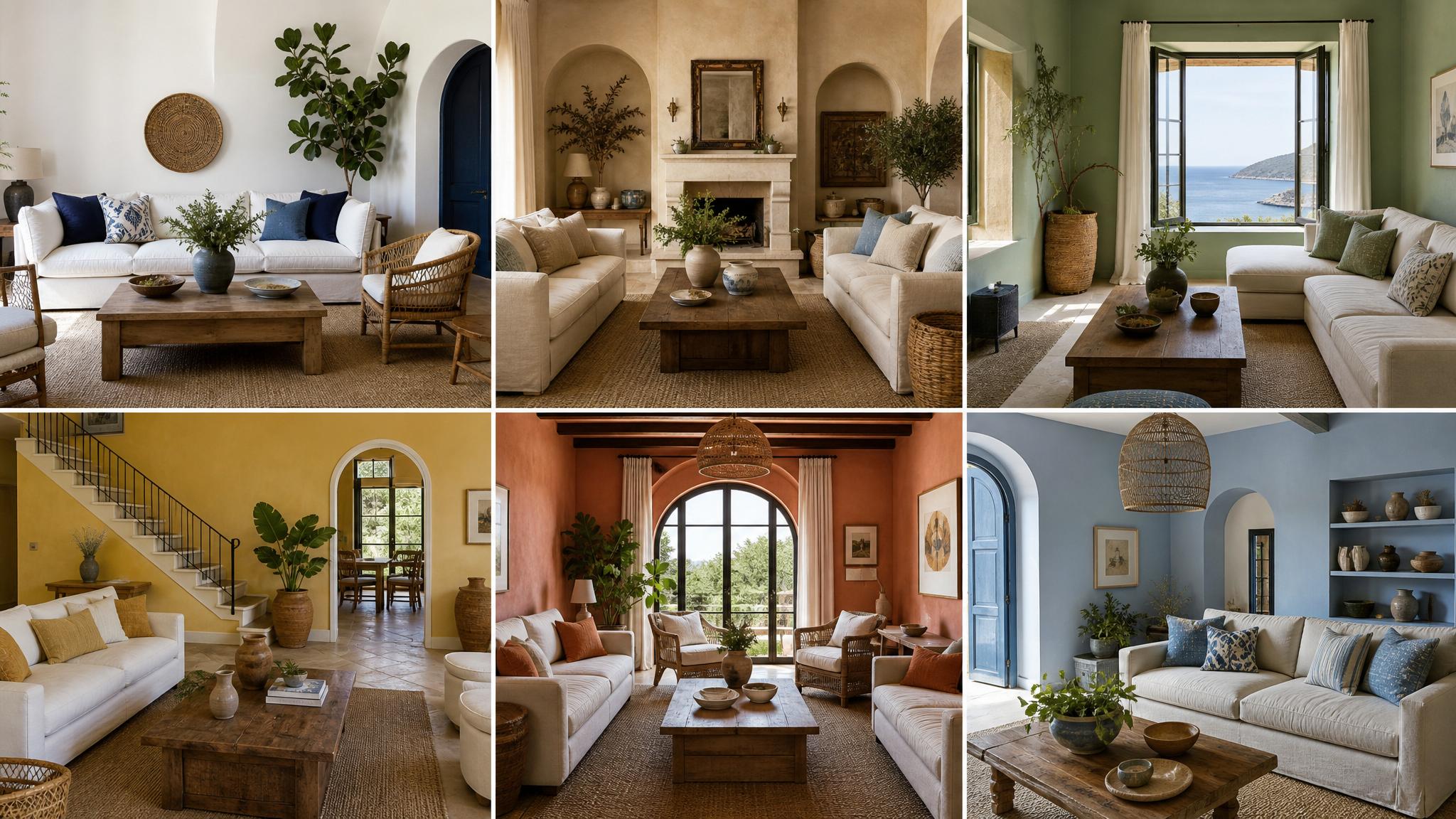 Montage of Mediterranean color combinations for living rooms.