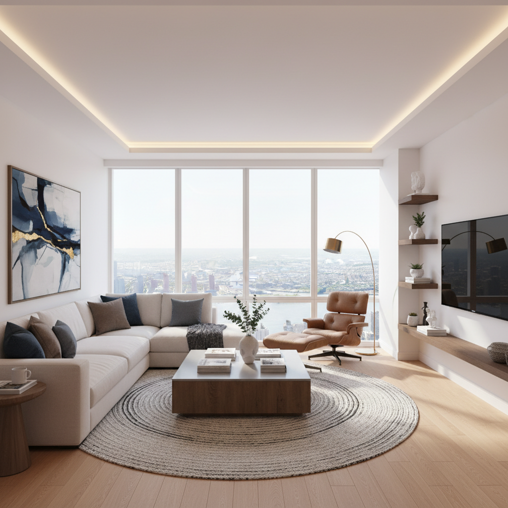 Show a beautifully virtually staged penthouse living room.