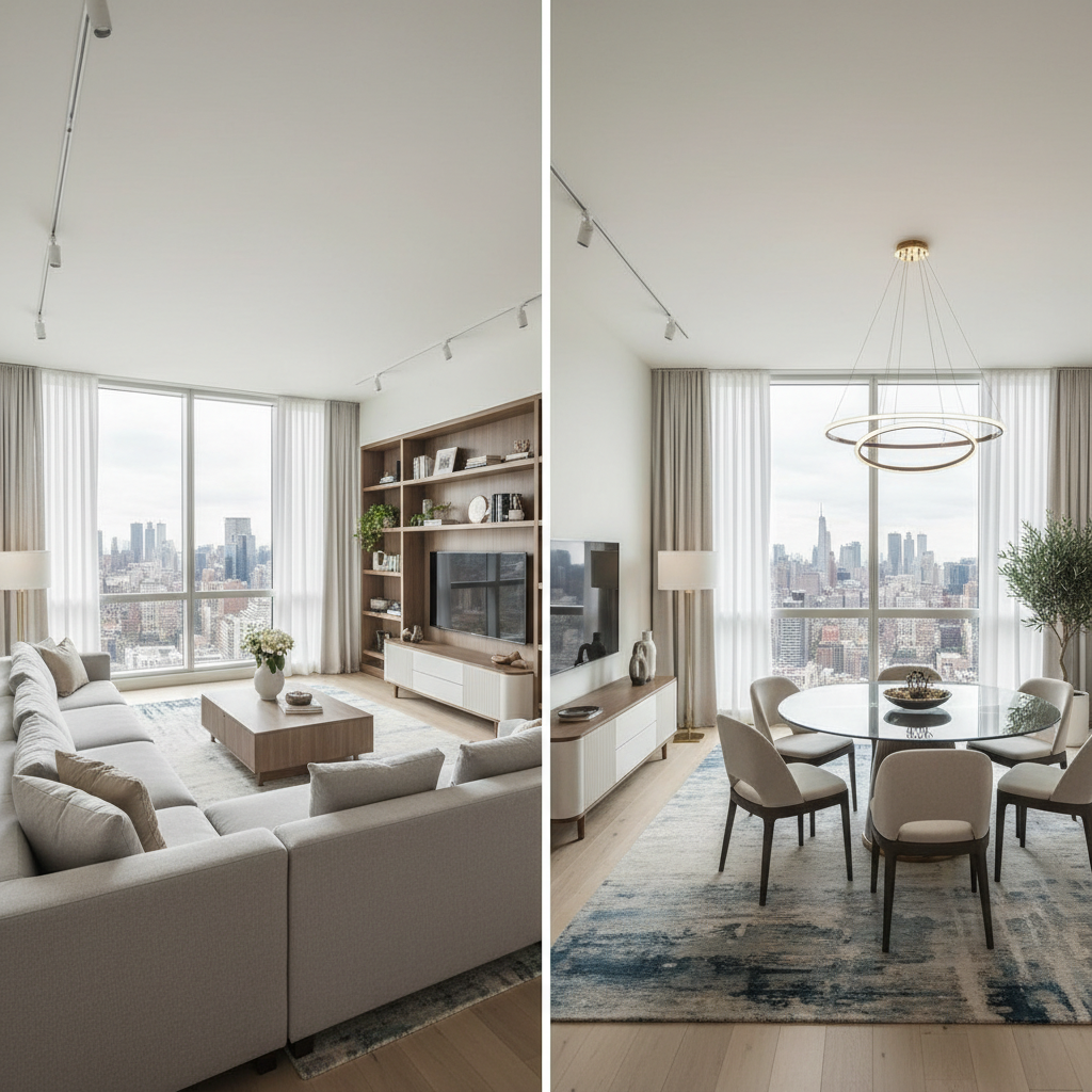 Show a comparison of an empty penthouse and a virtually staged penthouse.