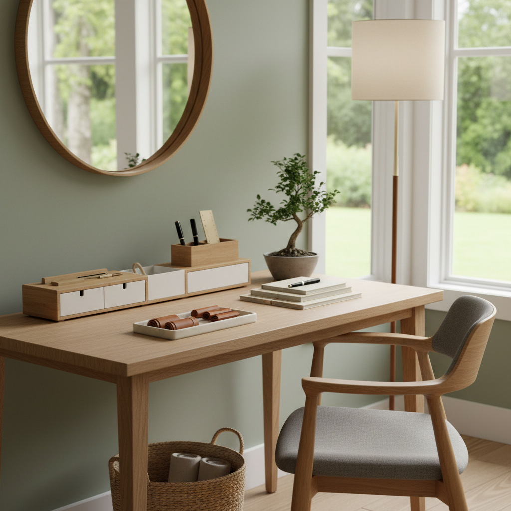 Image of a stylish Japandi desk setup with organizational elements.