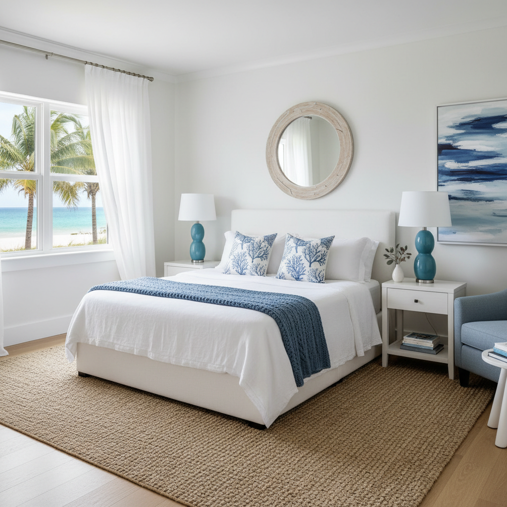 A serene coastal guest bedroom featuring white walls and blue accents.