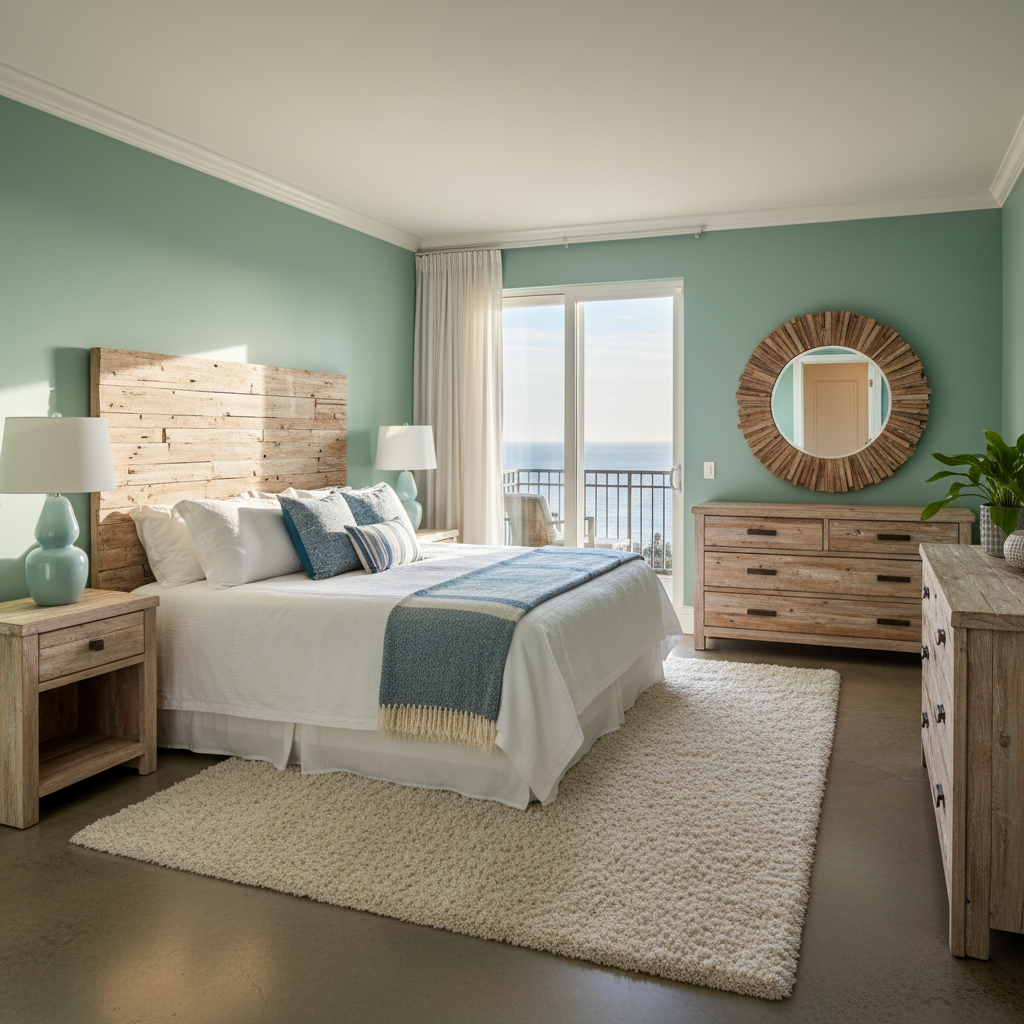 A guest bedroom with seafoam green walls and driftwood furniture.