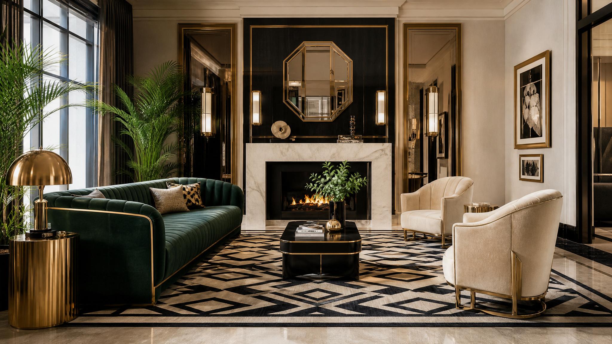 Art Deco living room featuring geometric patterns and rich colors.