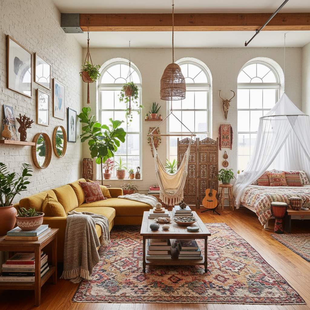 A vibrant bohemian loft interior featuring mixed textiles, plants, and artistic decor.