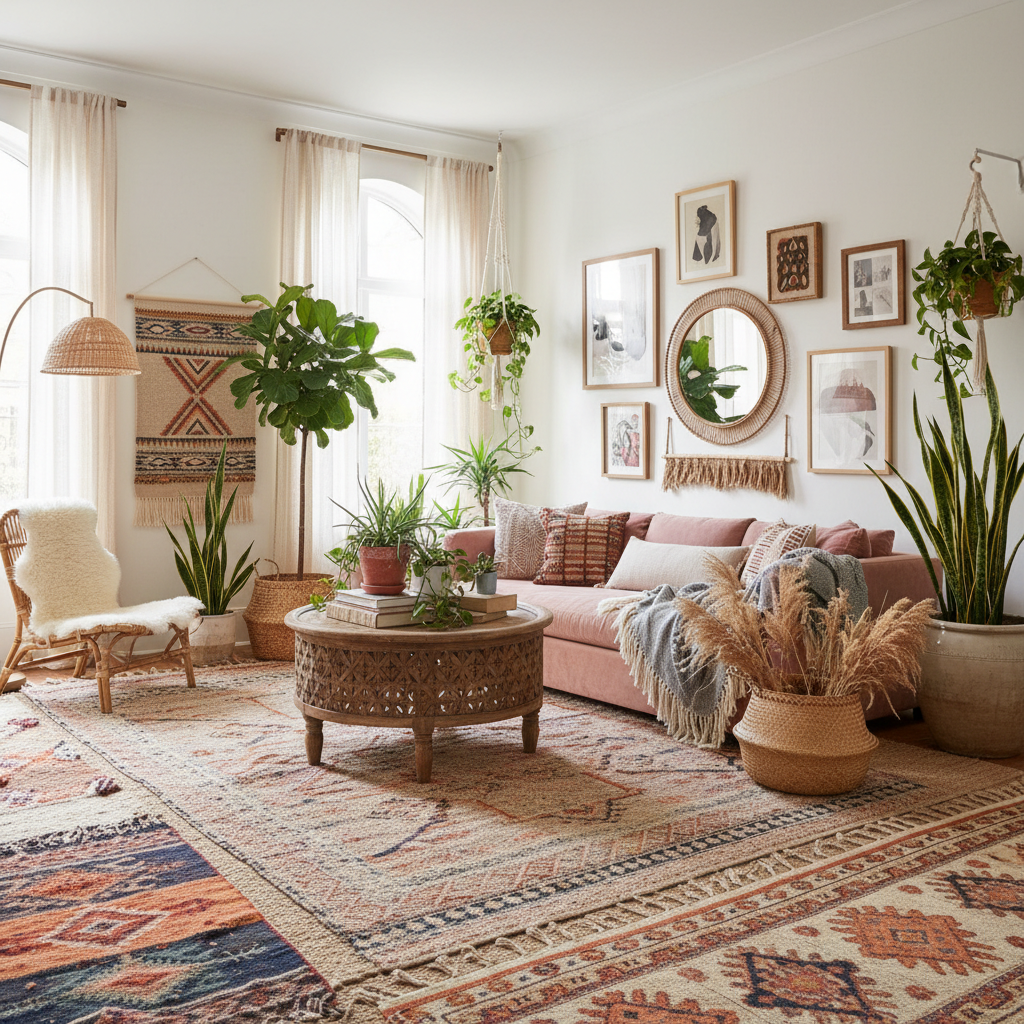 An AI-generated bohemian living room with layered textiles, plants, and unique art pieces.