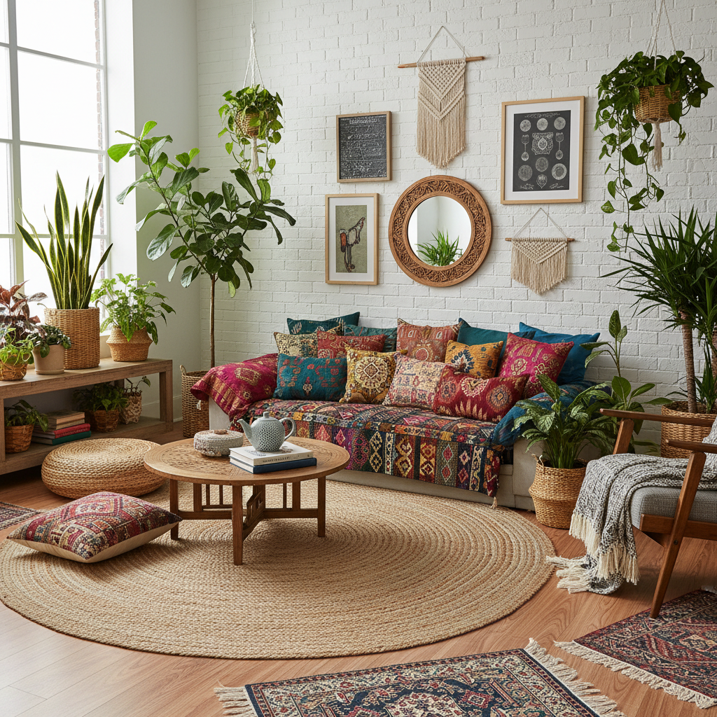 bohemian studio living room with colorful cushions and plants