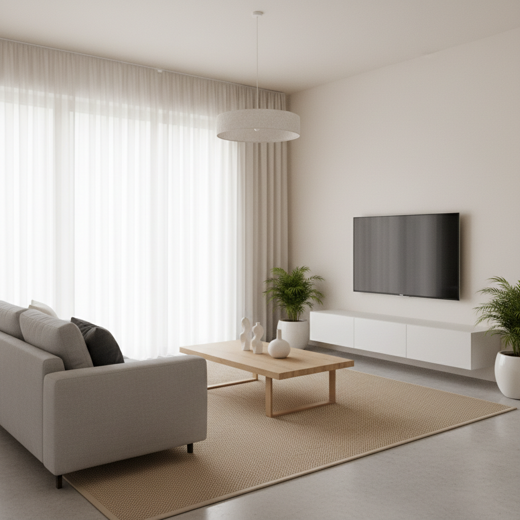 A minimalist living room showing a clean, uncluttered space with neutral colors and functional furniture.