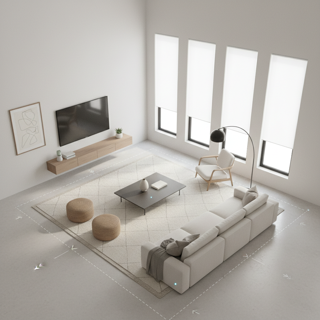 An illustration of an AI-generated layout of a minimalist living room with furniture arrangement.