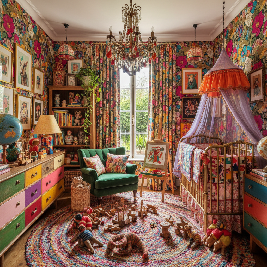 A beautifully decorated maximalist nursery showcasing vibrant colors and eclectic furniture.