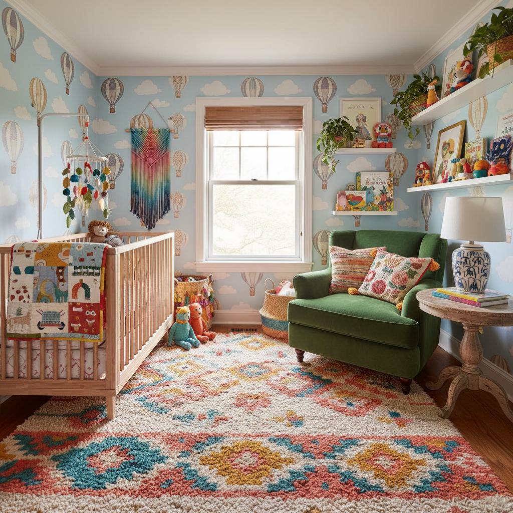 An example showing colorful textiles and varied décor in a nursery.