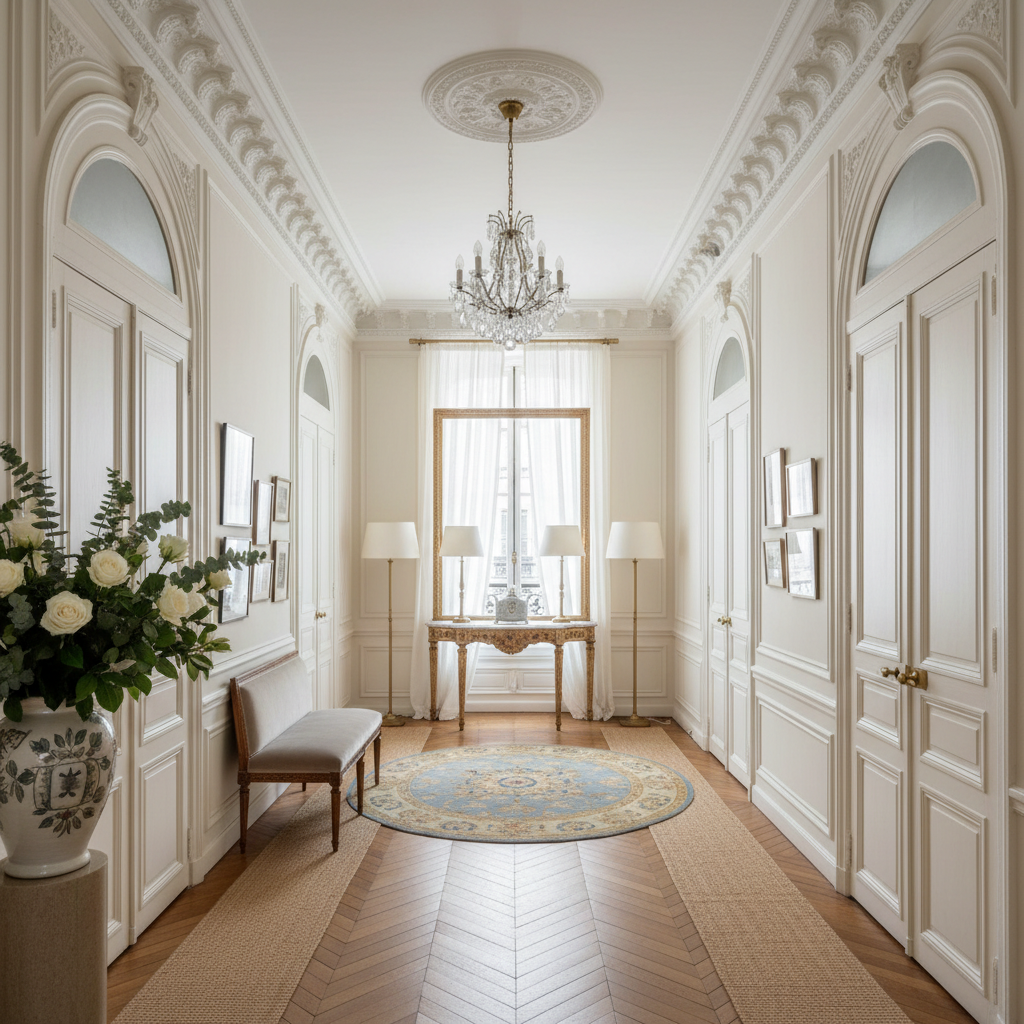 Show a beautifully designed Parisian hallway featuring classic moldings and elegant decor.