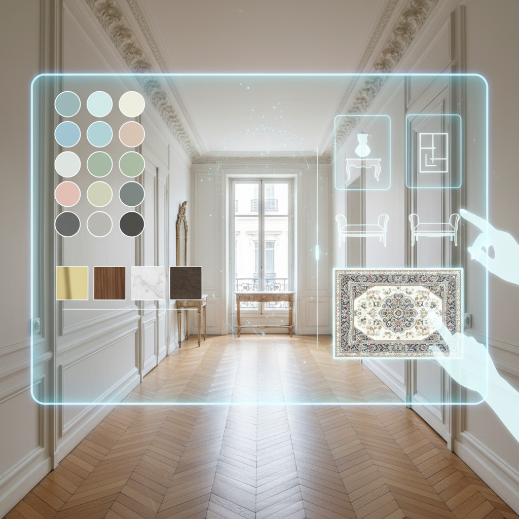 Illustrate an AI interface for designing a Parisian hallway with color swatches and furniture options.