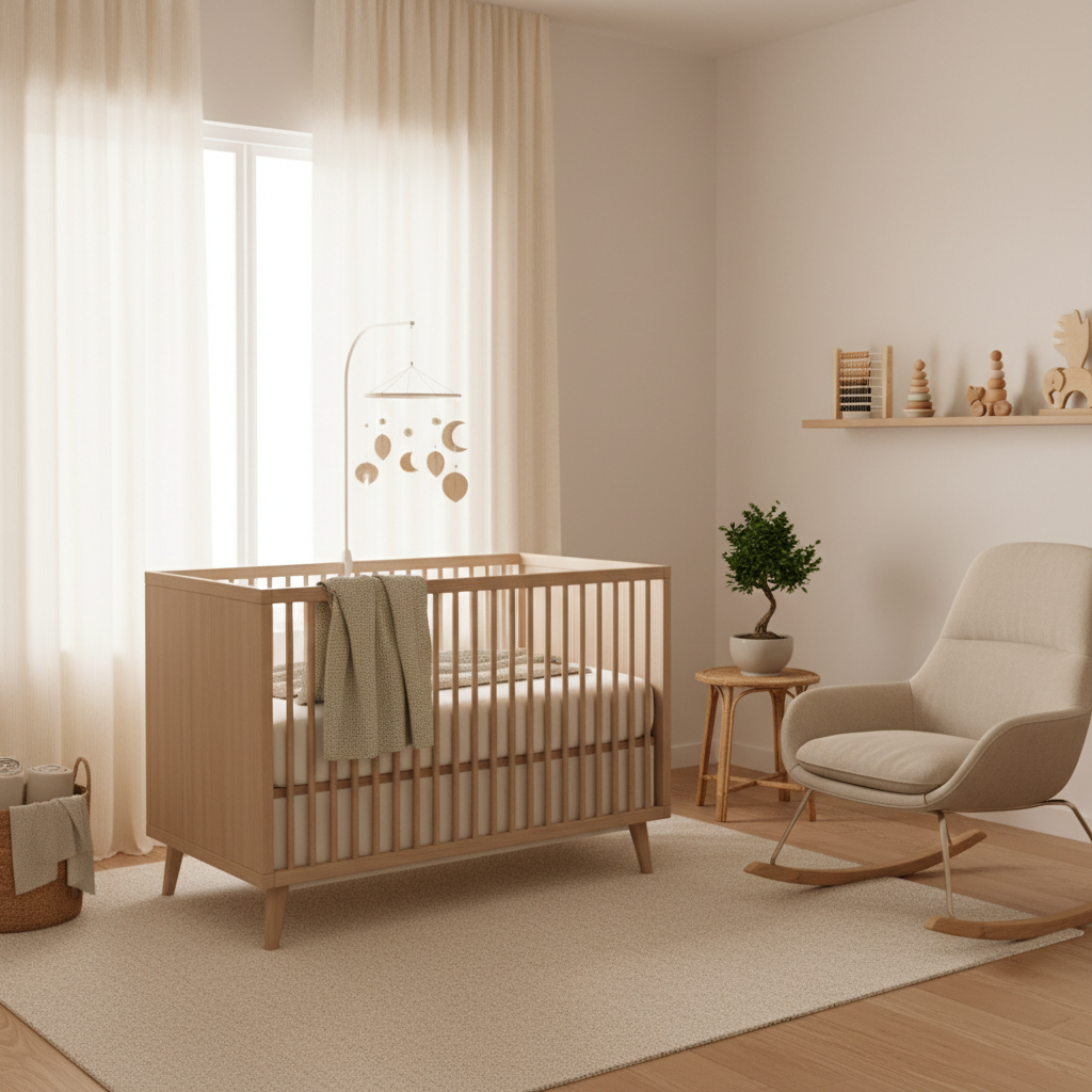 Image of a calming zen nursery with soft lighting and minimal decor.