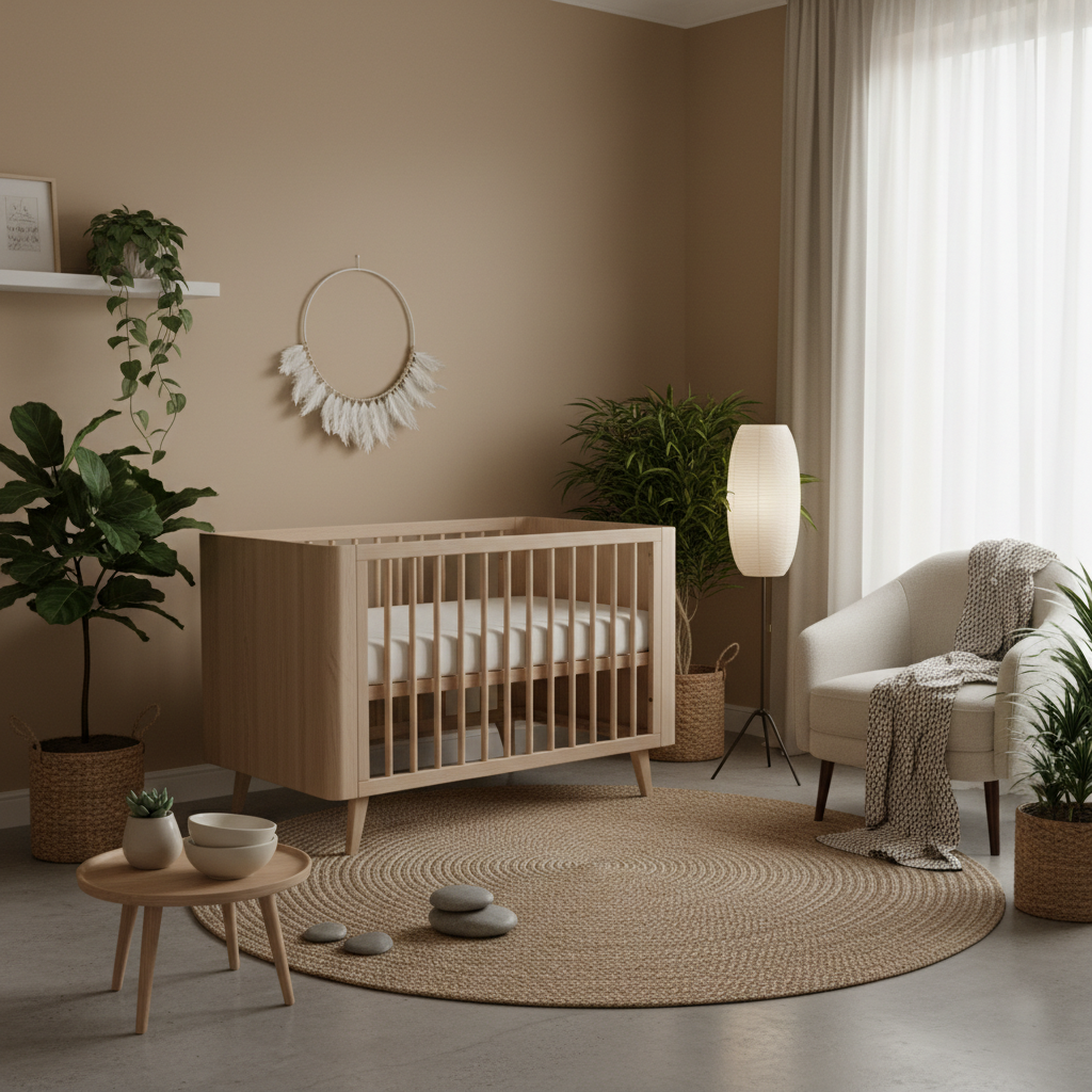 Image of a baby crib surrounded by zen-inspired decor and plants.