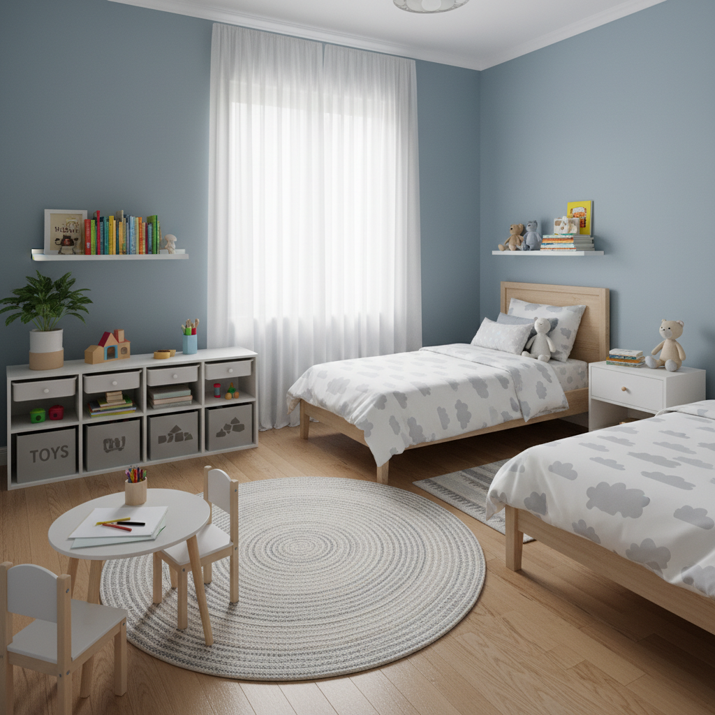 An organized kids' bedroom with minimal clutter.