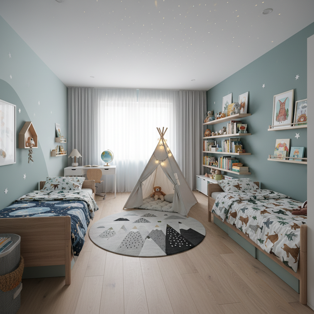 Example of a wide-angle shot of a kids' bedroom.