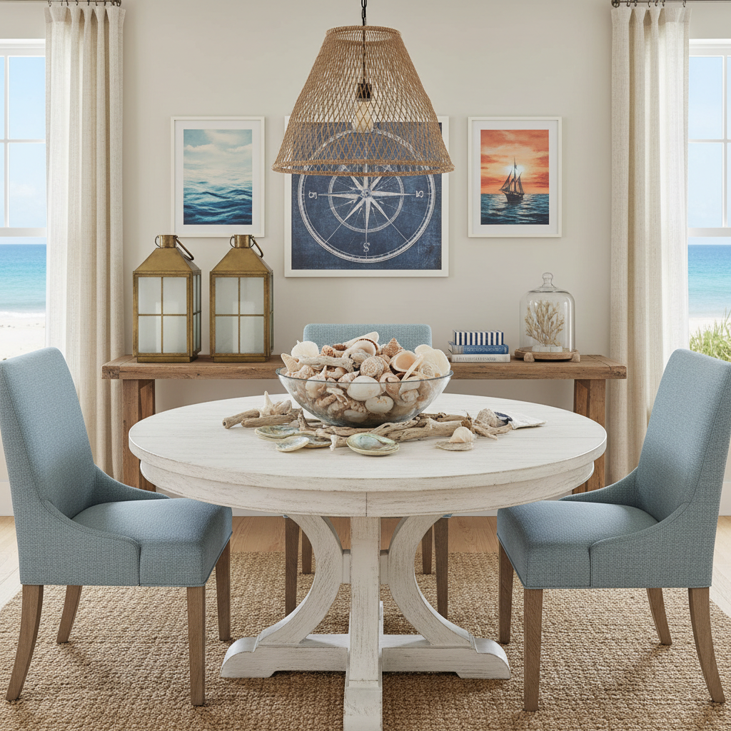 Accessories featuring seashells and nautical art in a coastal dining room.