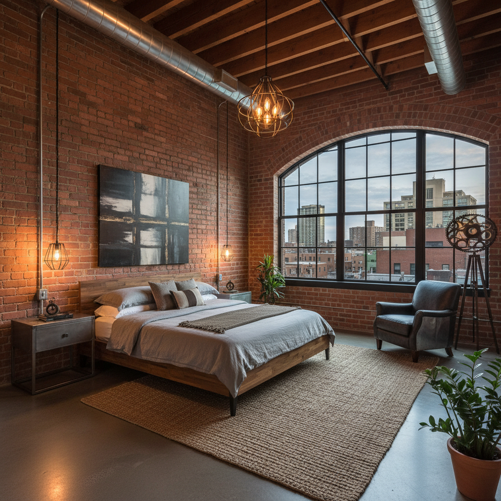image of a stylish urban loft bedroom featuring industrial decor