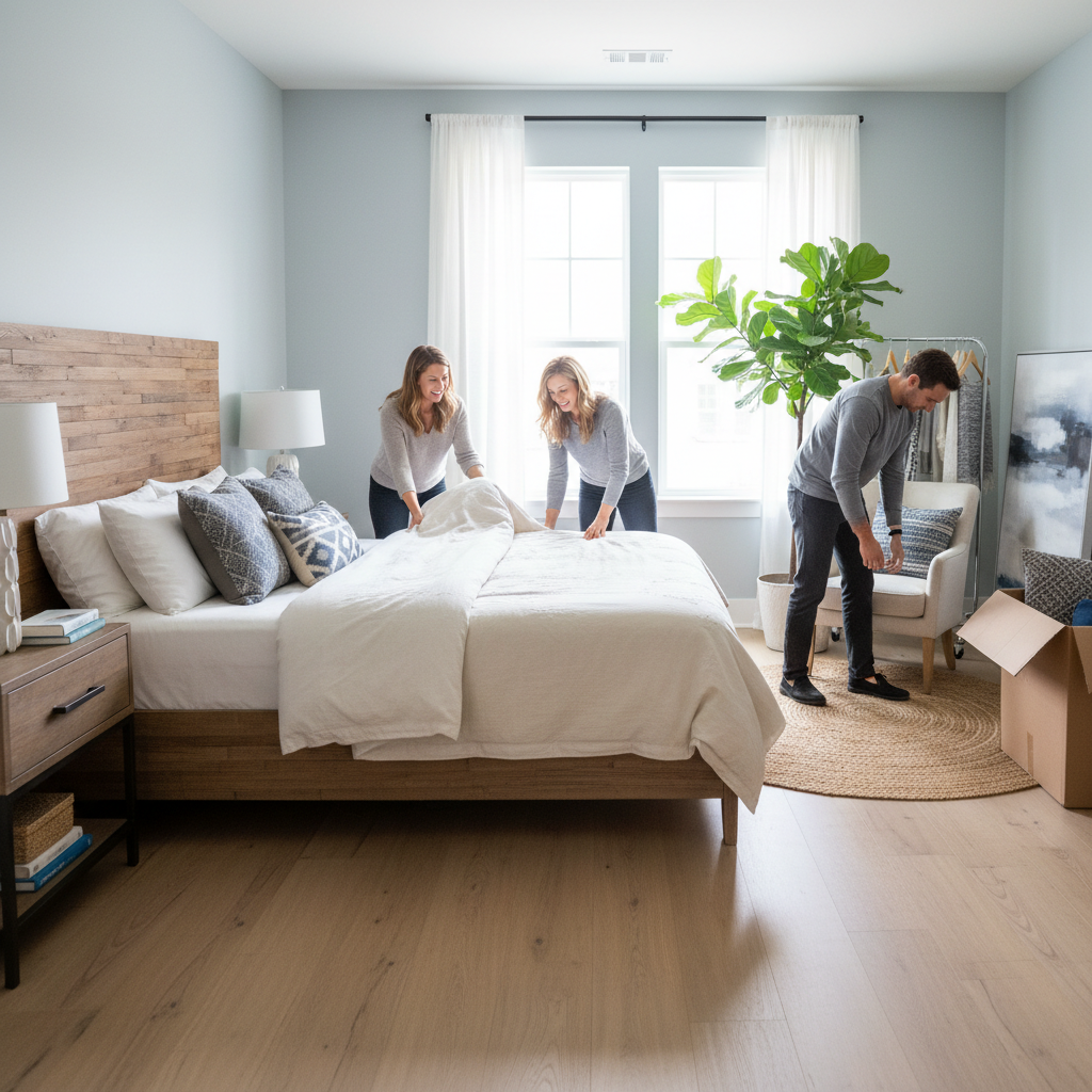 image of a staging company in action setting up a guest bedroom