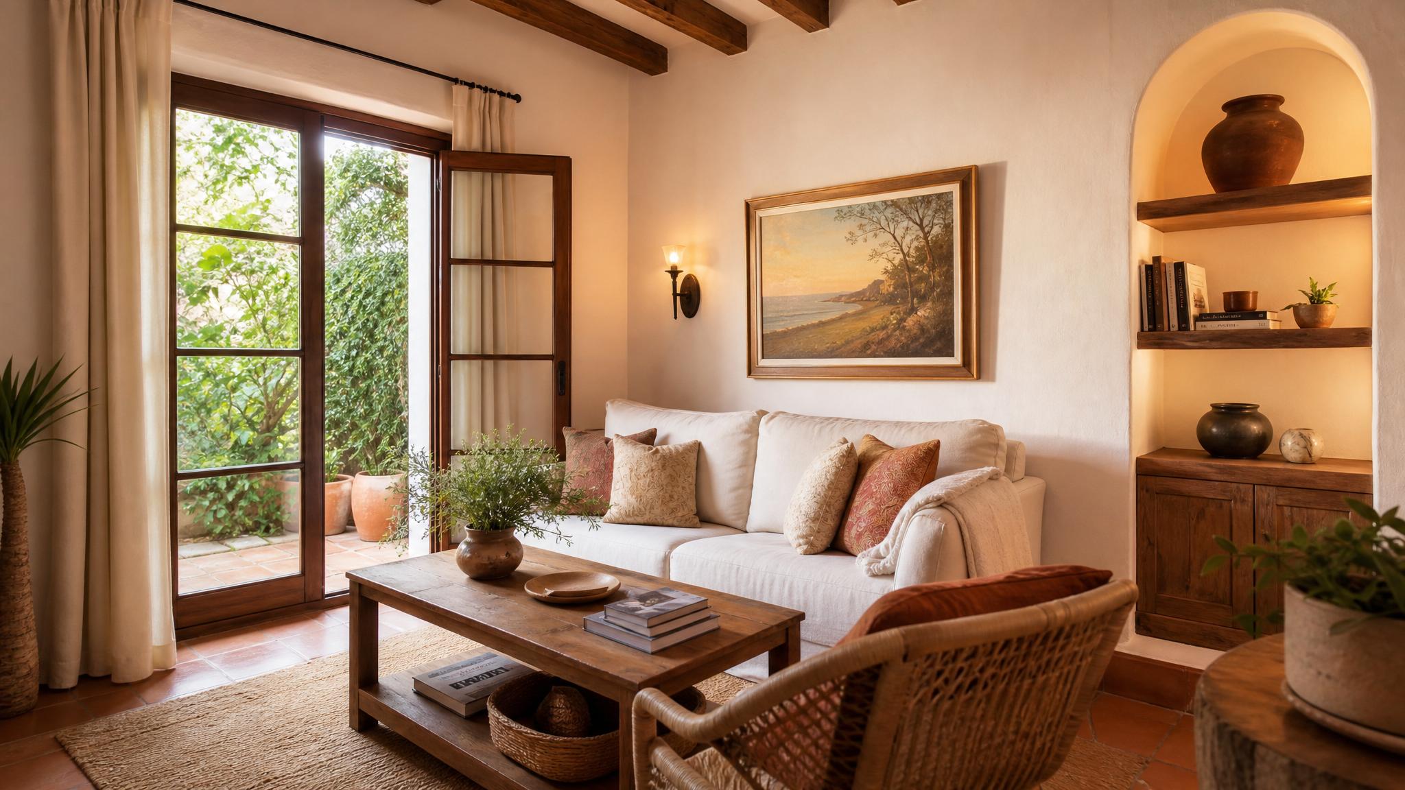 A cozy Mediterranean small living room with warm colors and natural light.