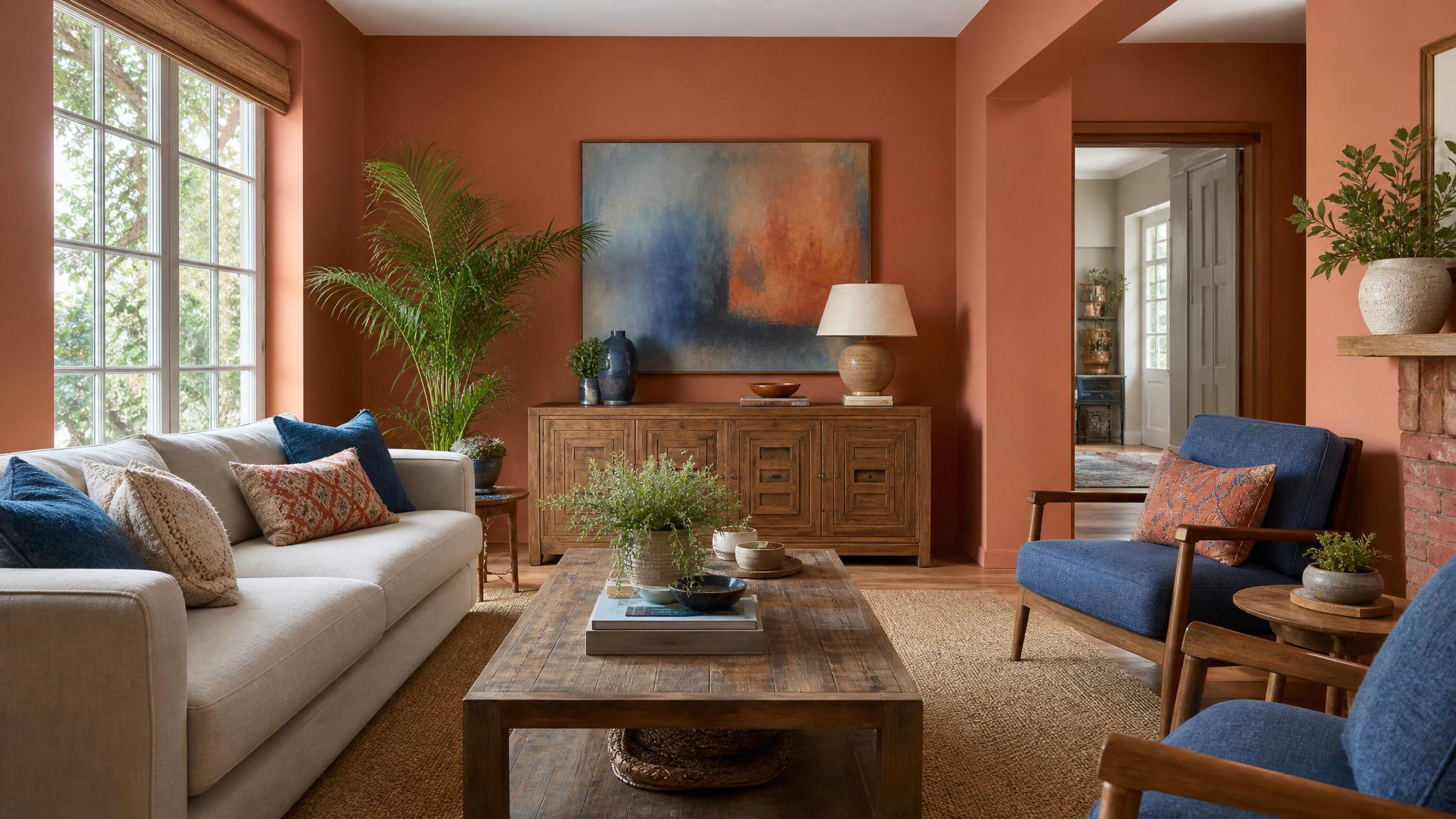 A small living room featuring terracotta decor and blue accents.