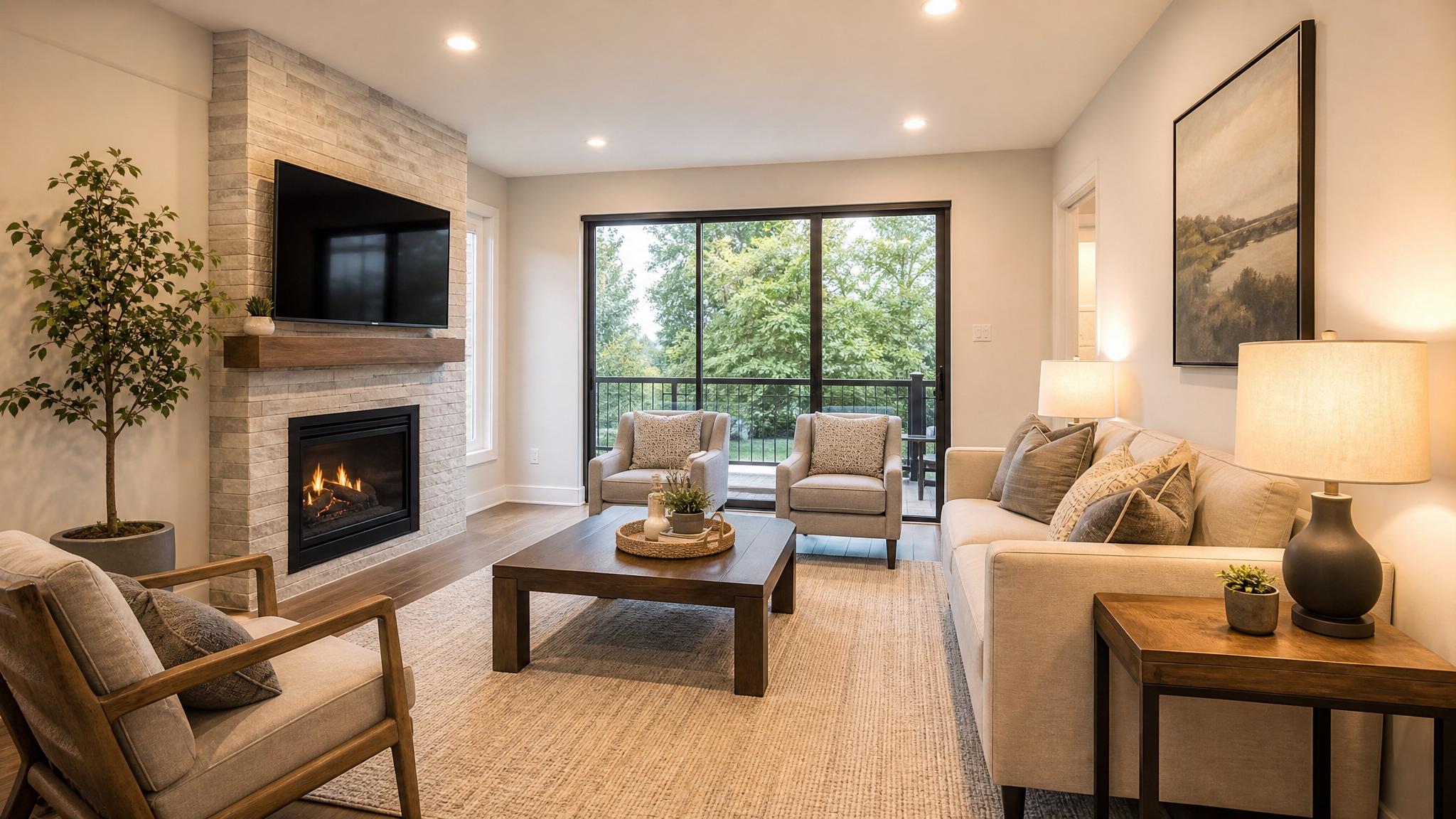 A small living room design with cozy lighting and strategic furniture arrangement.
