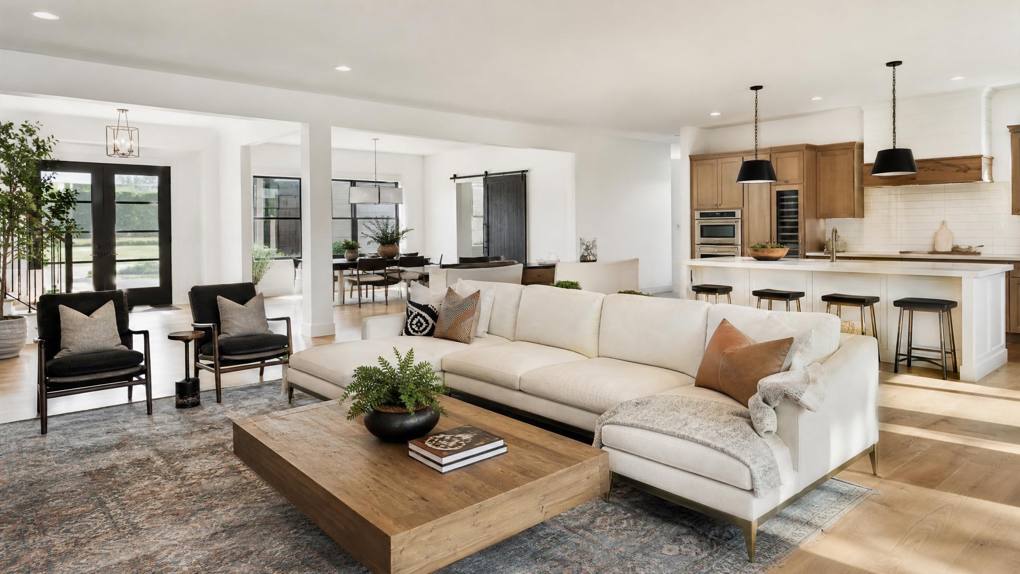 Visual of a well-staged open-plan living room.