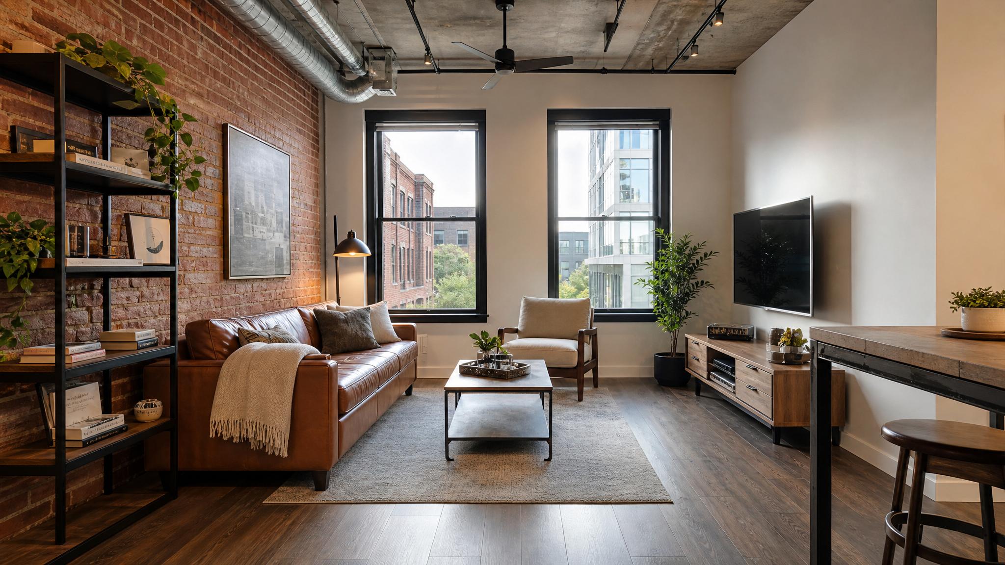 Example of an industrial design small living room layout
