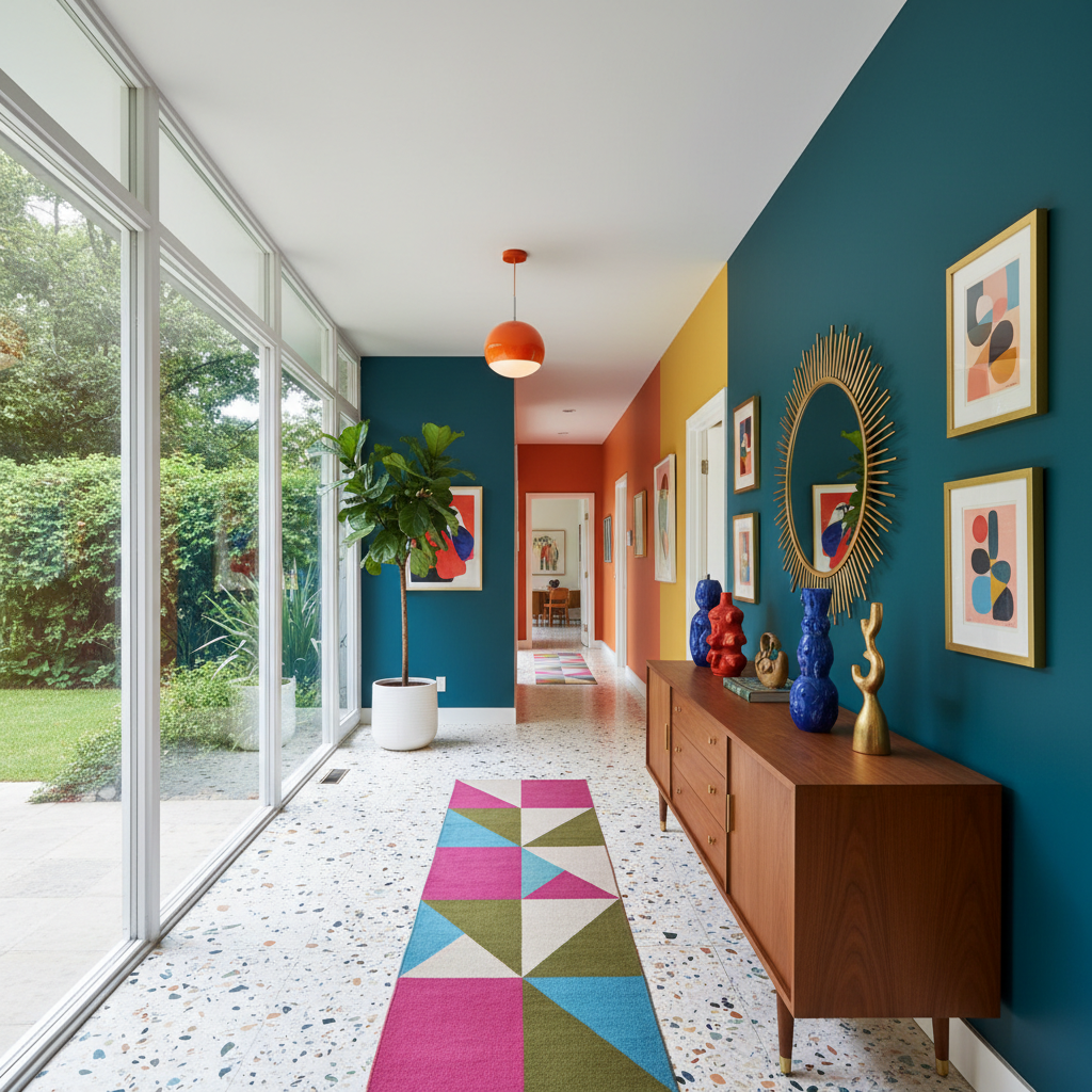 Mid-century modern hallway with natural light and vibrant colors.